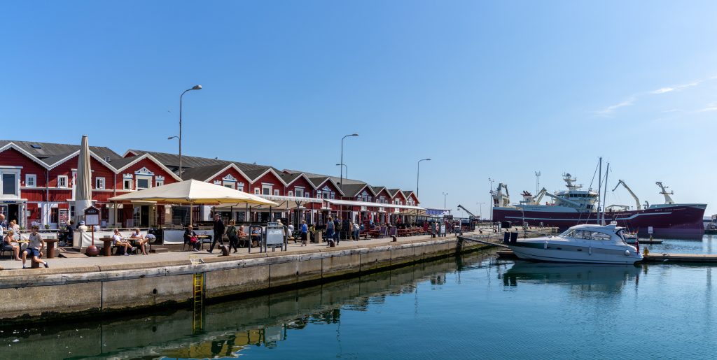 seafood restaurants at the marina and harbor of Skagen on a beautiful sunny summer dayy