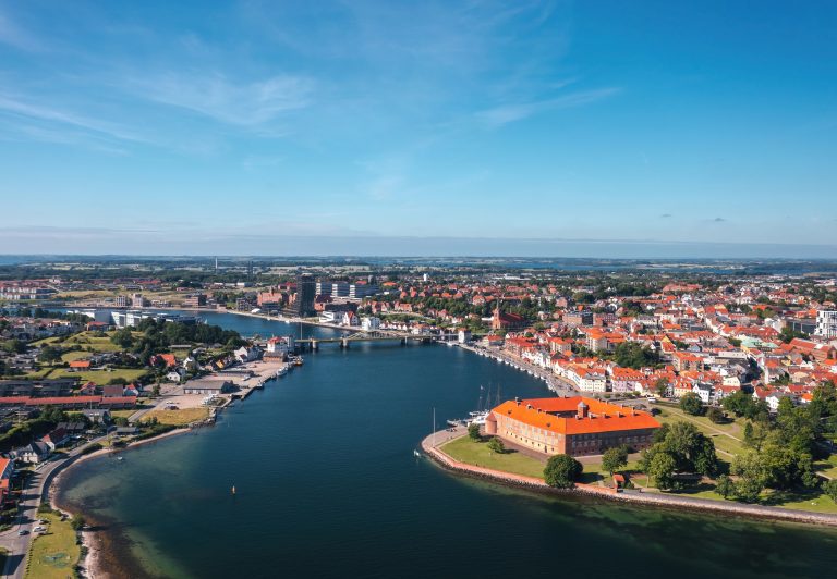 Cityscape of Sonderborg (Sønderborg, Denmark) on sunny summer day. Panoramic aerial view on the city center and castle